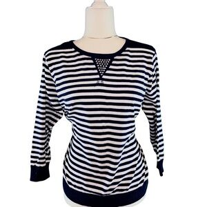 Cathy Daniels Navy White Striped Rhinestone Embellished Long Sleeve Top Size M